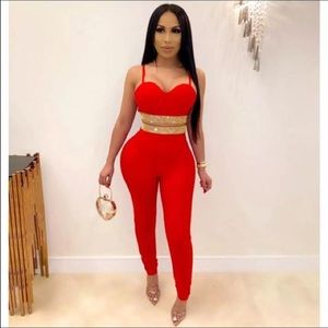 2 piece pant set with golden stones